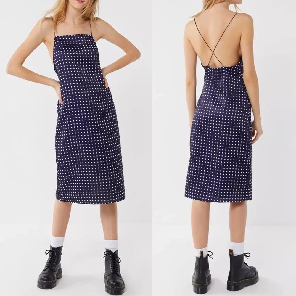 Urban Outfitters Paula Polka Dot Cross back Midi Dress Navy Sz Medium